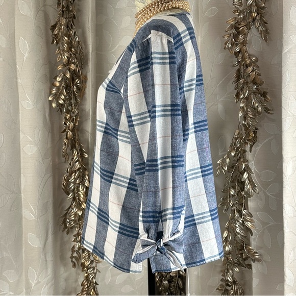 Liz‎ Claiborne Plaid Linen Blend Blouse | M Blue White Tunic Sleeve Tie - Picture 6 of 10